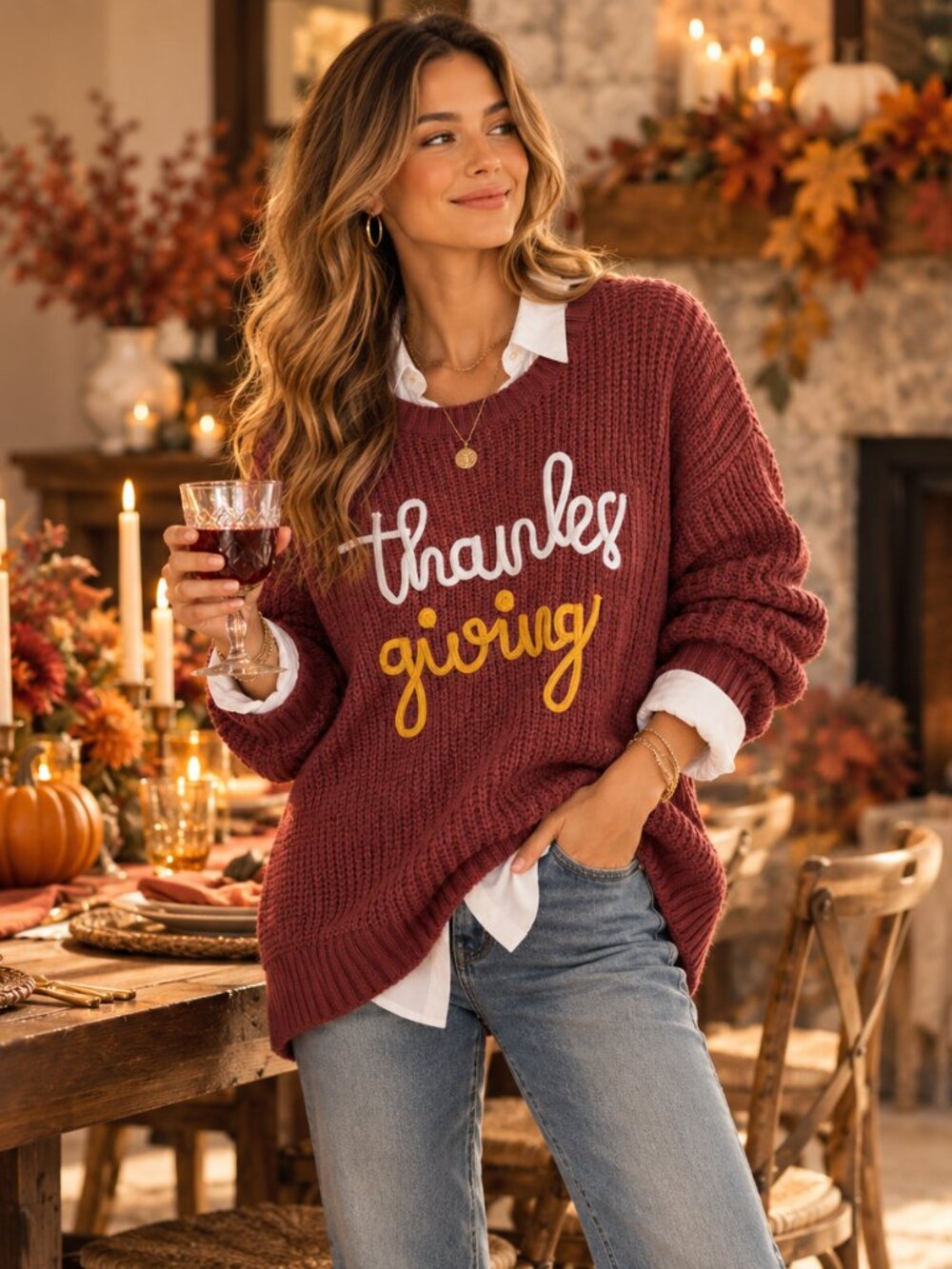 Trends Boutique On Main Sweater Womens L Brown Thanksgiving Embroidered Knit - Picture 1 of 14
